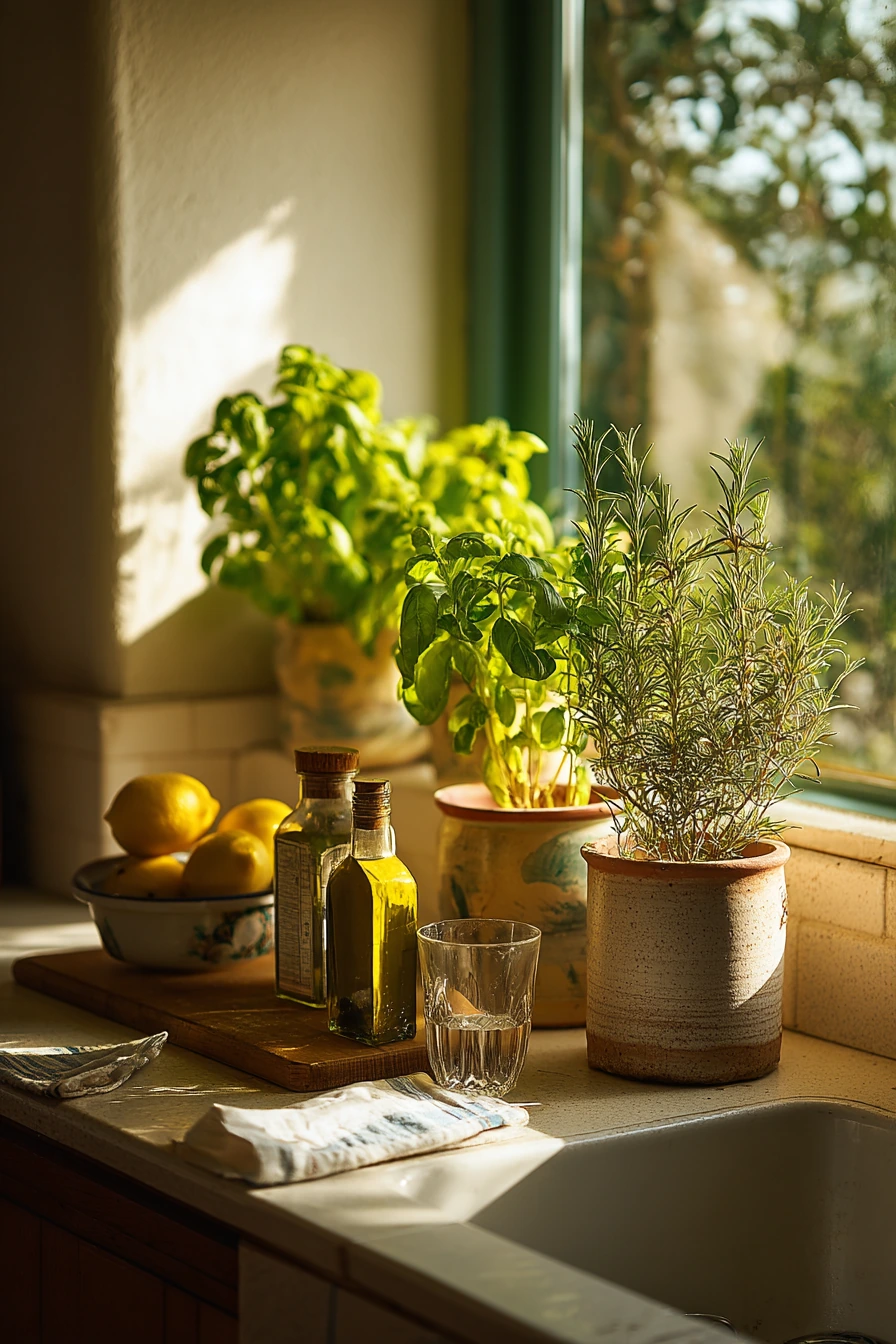Kitchen herbs on a busy morning counter