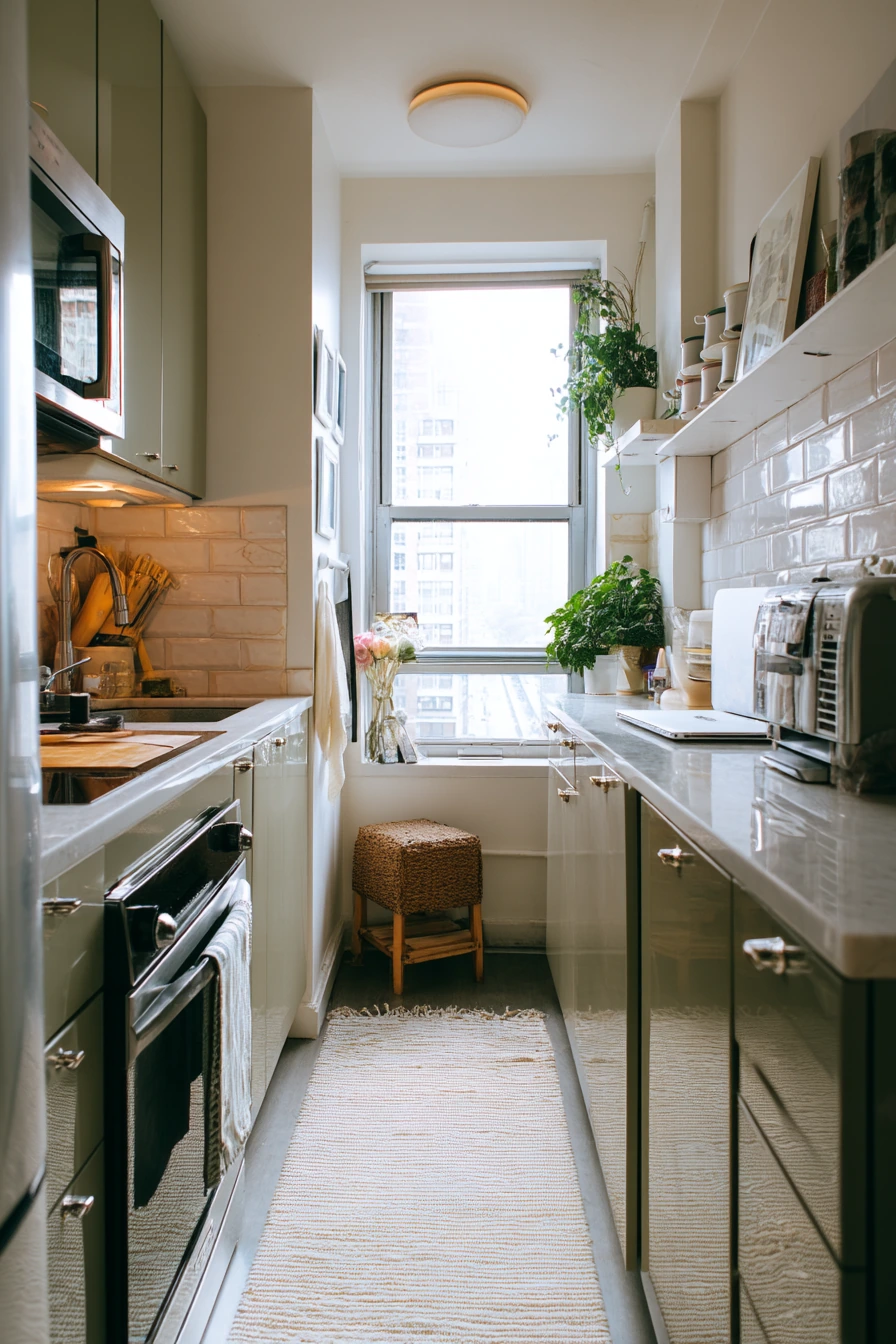 Small Apartment Galley with Sage Cabinets