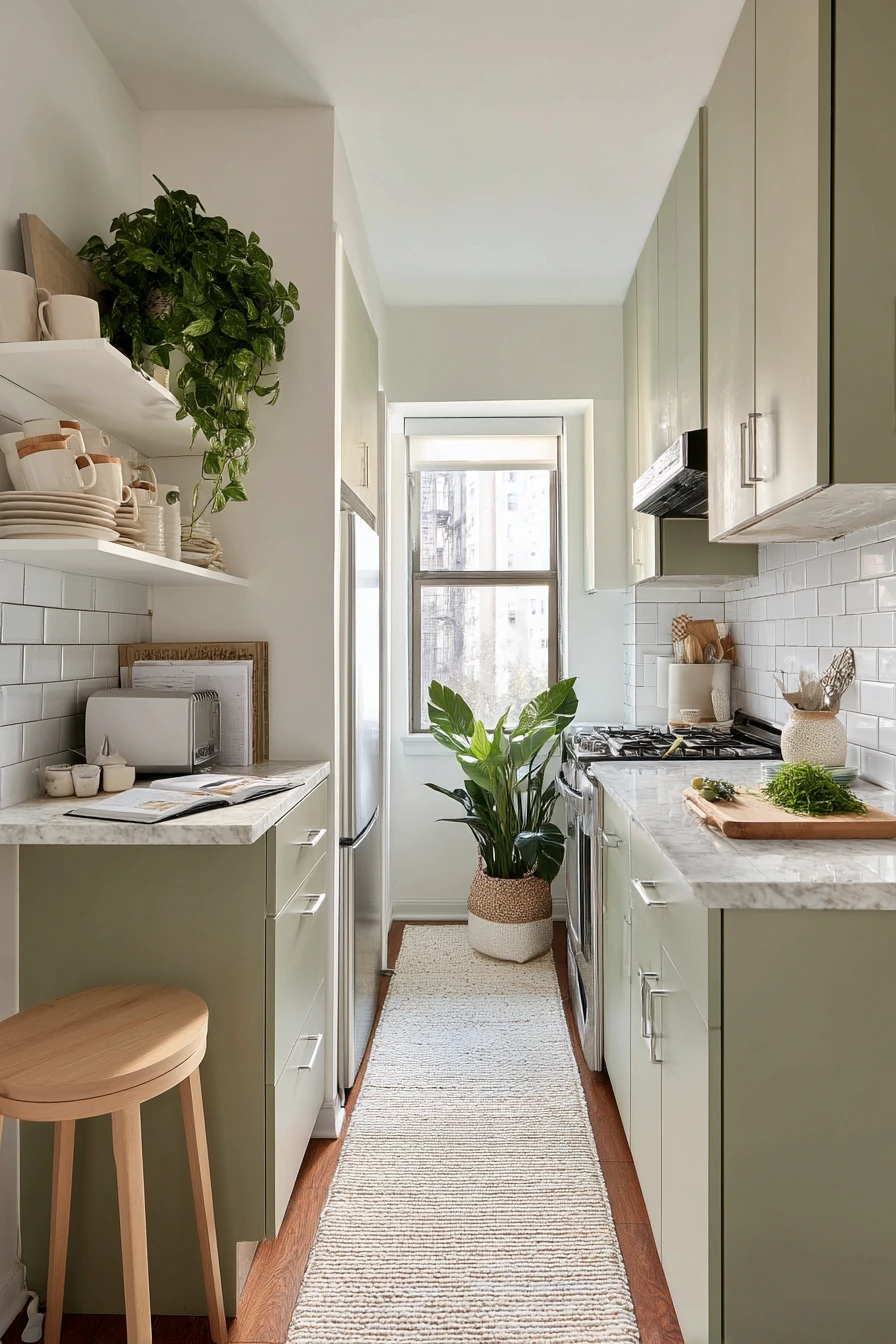 Small Apartment Galley with Sage Cabinets