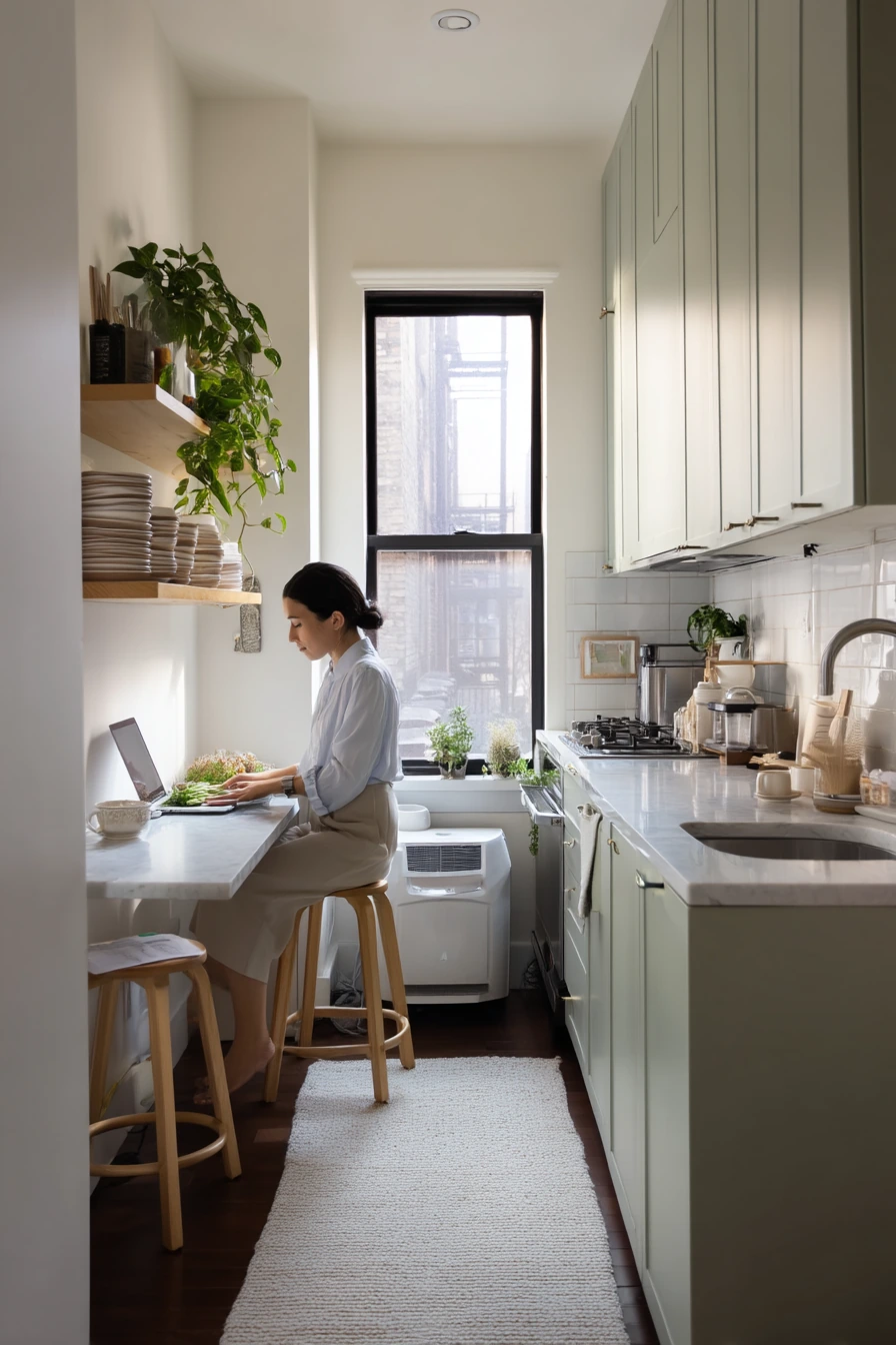Small Apartment Galley with Sage Cabinets