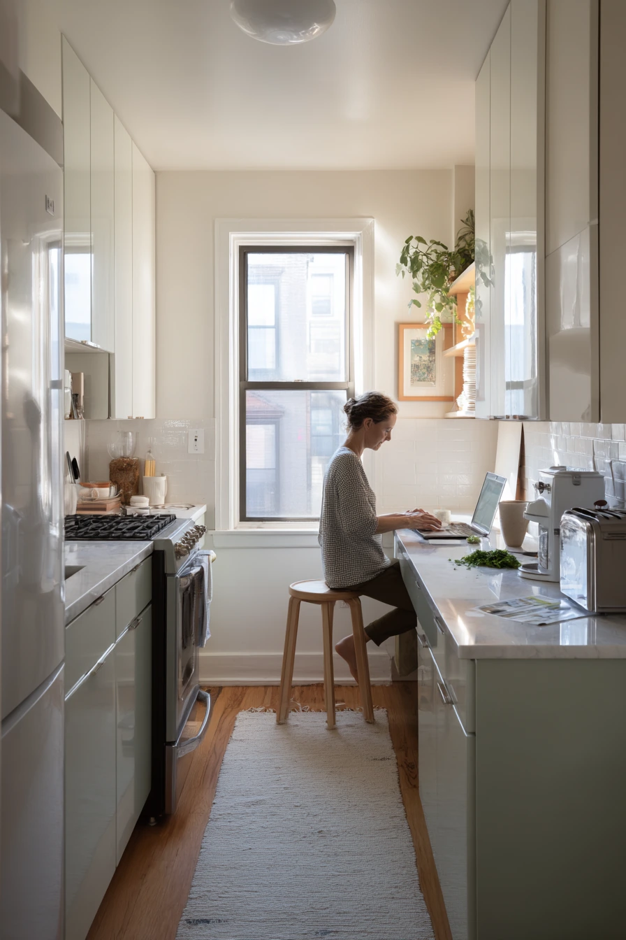Small Apartment Galley with Sage Cabinets