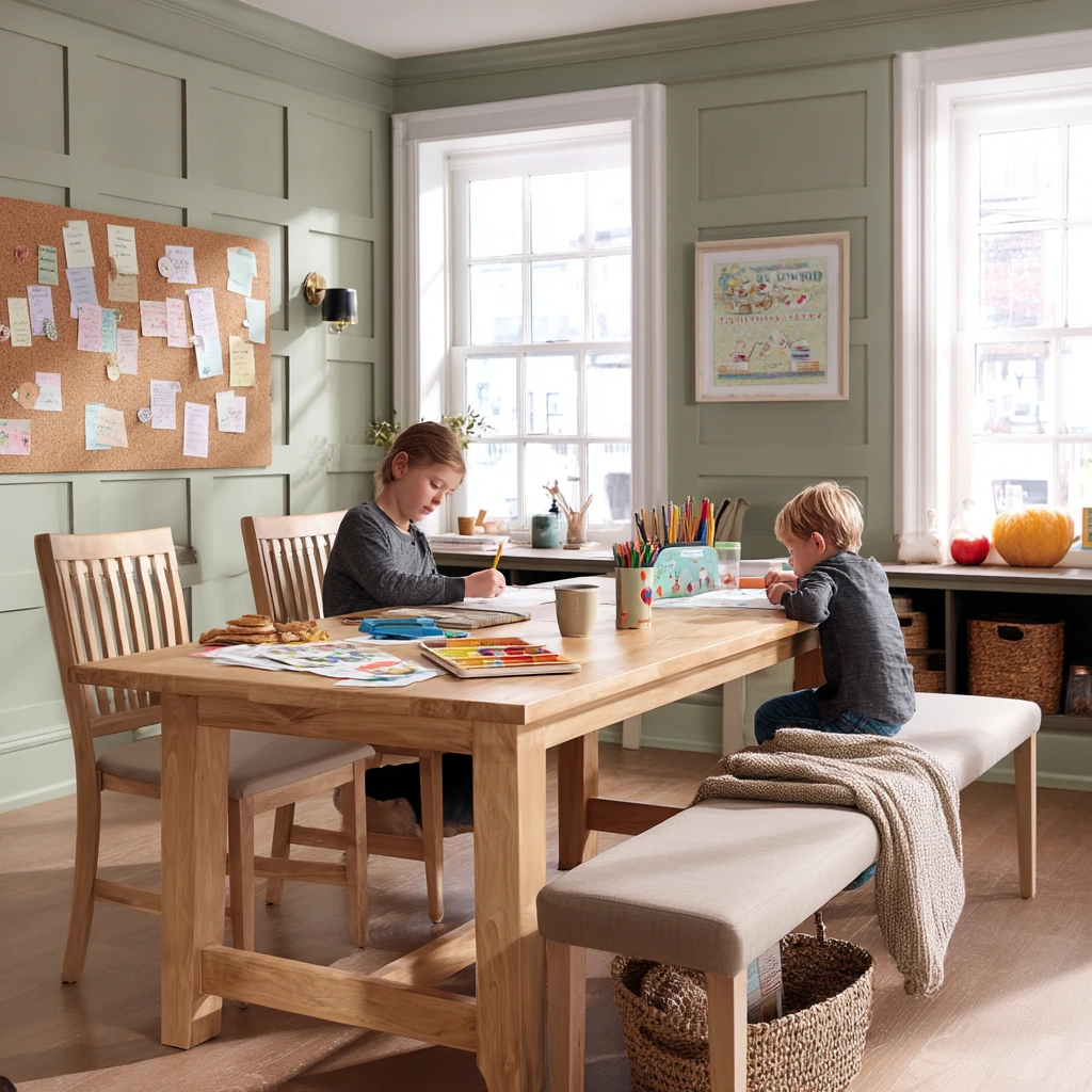 Sage Dining Room with Kids at Homework