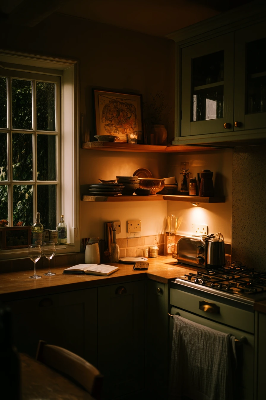 Evening Sage Kitchen With Lamp Glow