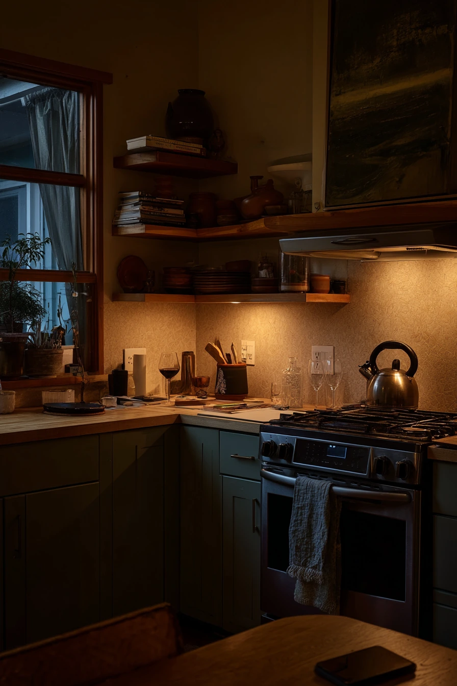 Evening Sage Kitchen With Lamp Glow
