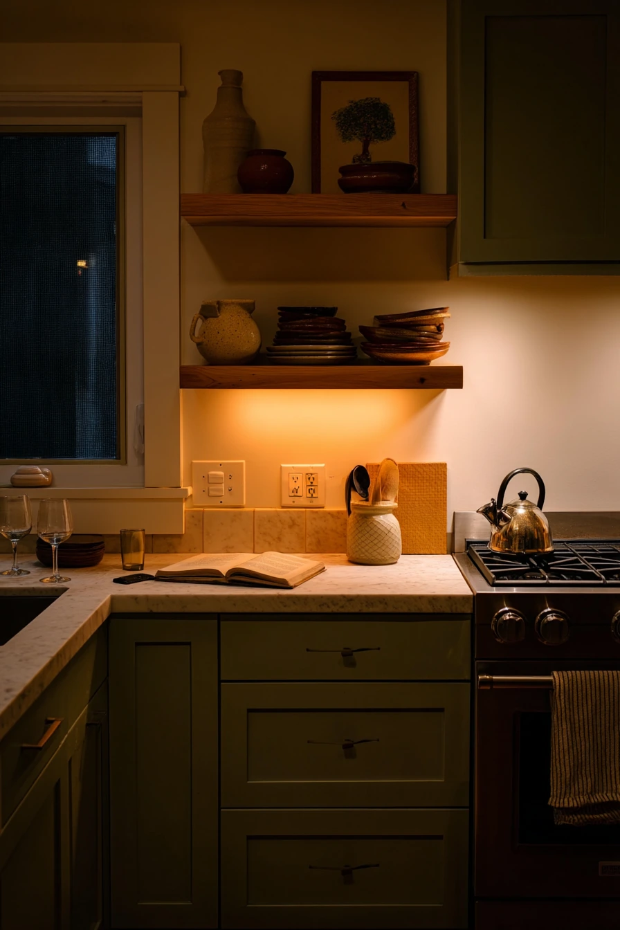 Evening Sage Kitchen With Lamp Glow