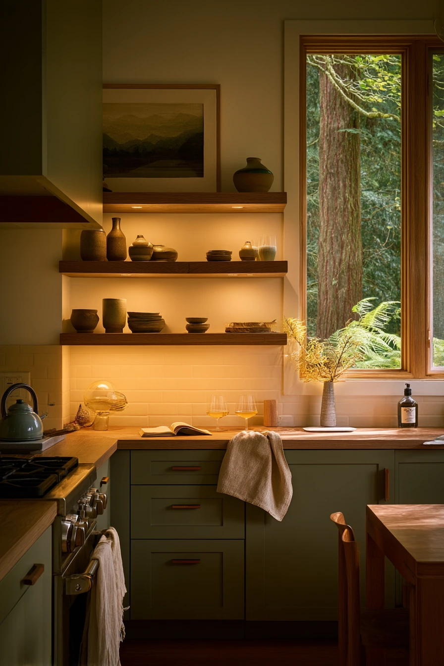 Evening Sage Kitchen With Lamp Glow
