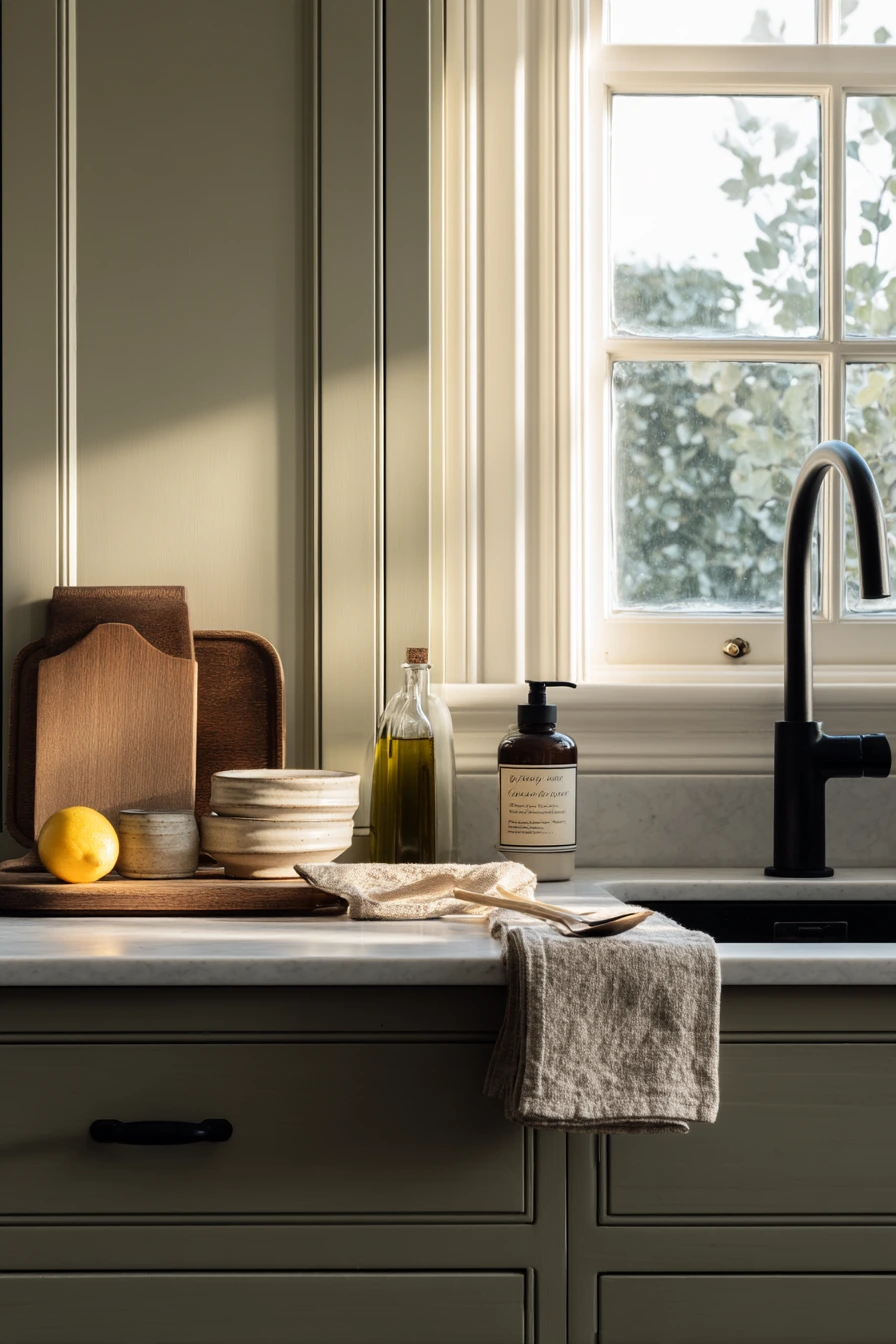 Product-Led Sage Kitchen Styling Detail