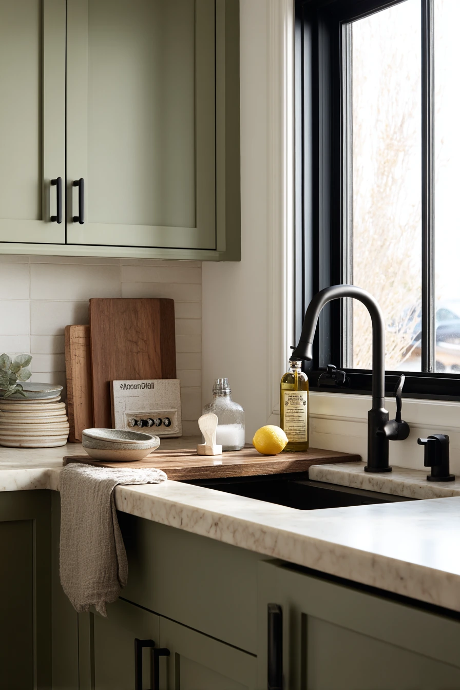 Product-Led Sage Kitchen Styling Detail