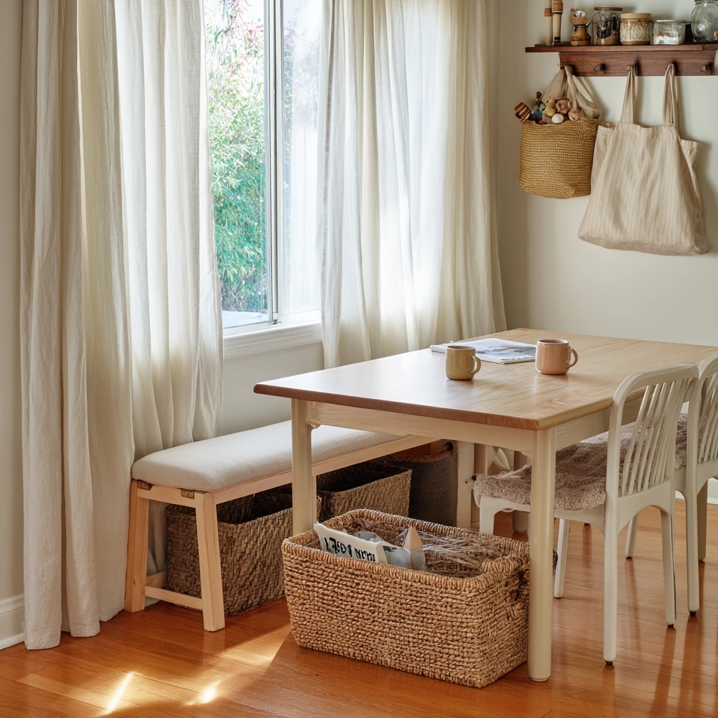 Bench and Basket Storage for a Rental-Friendly Space