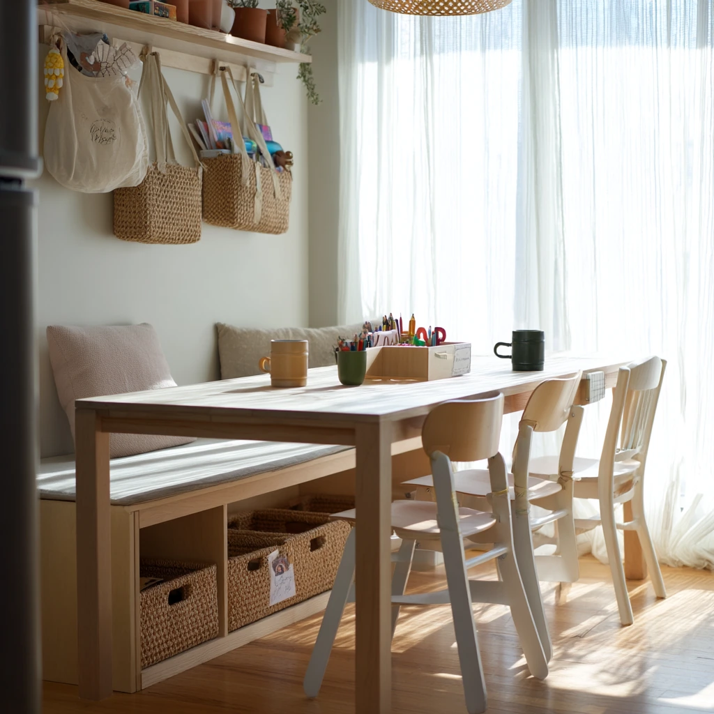 Bench and Basket Storage for a Rental-Friendly Space