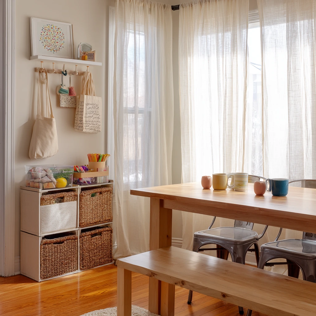 Bench and Basket Storage for a Rental-Friendly Space