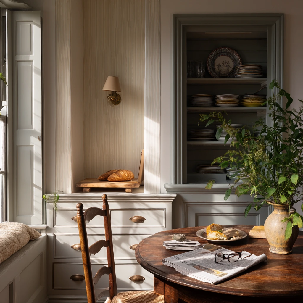 Built-In Niche Storage in a Cozy Cottage Dining Room