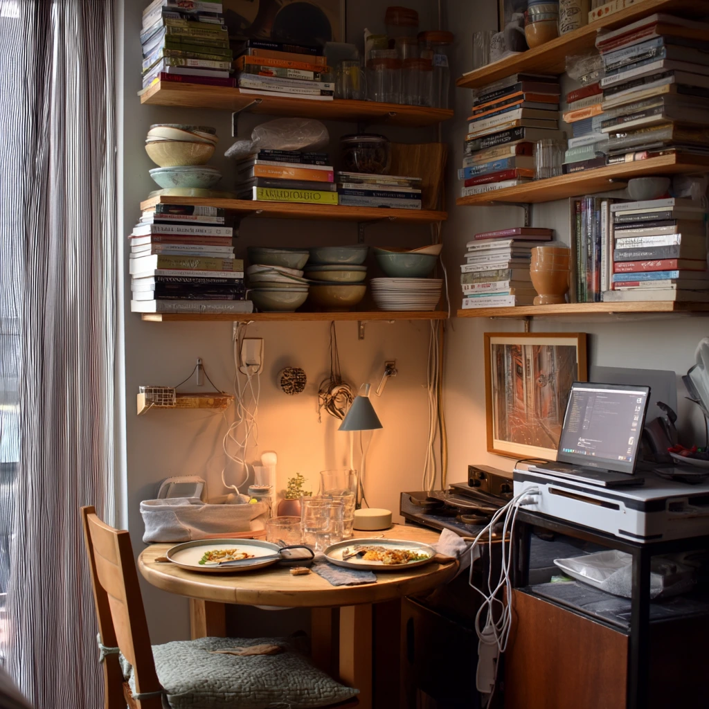 Wall-Mounted Shelving in a Tiny Apartment Dining Corner
