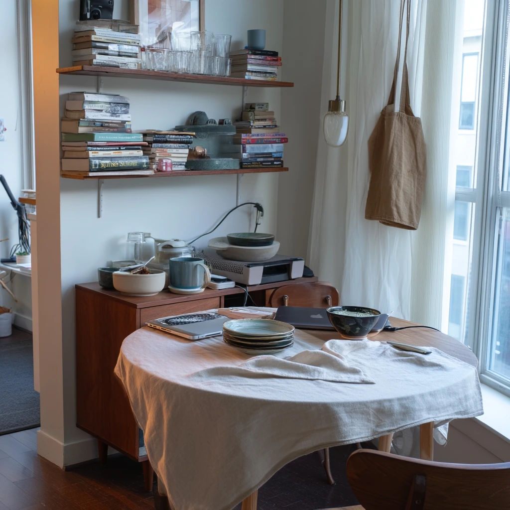 Wall-Mounted Shelving in a Tiny Apartment Dining Corner