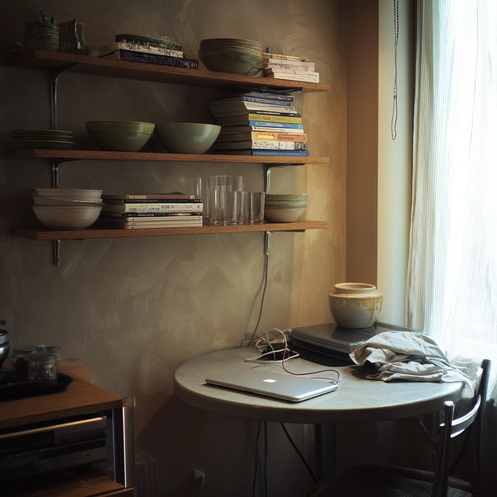 Wall-Mounted Shelving in a Tiny Apartment Dining Corner
