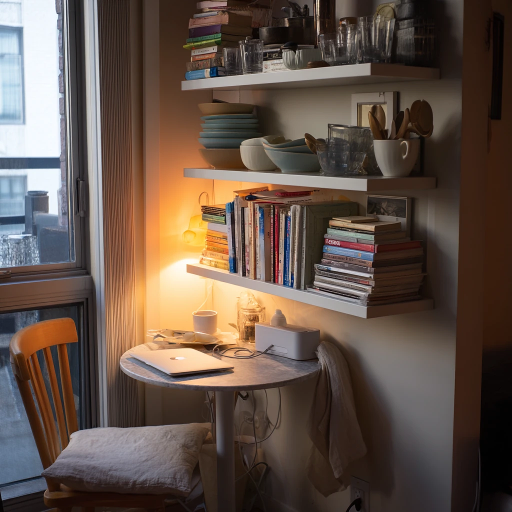 Wall-Mounted Shelving in a Tiny Apartment Dining Corner