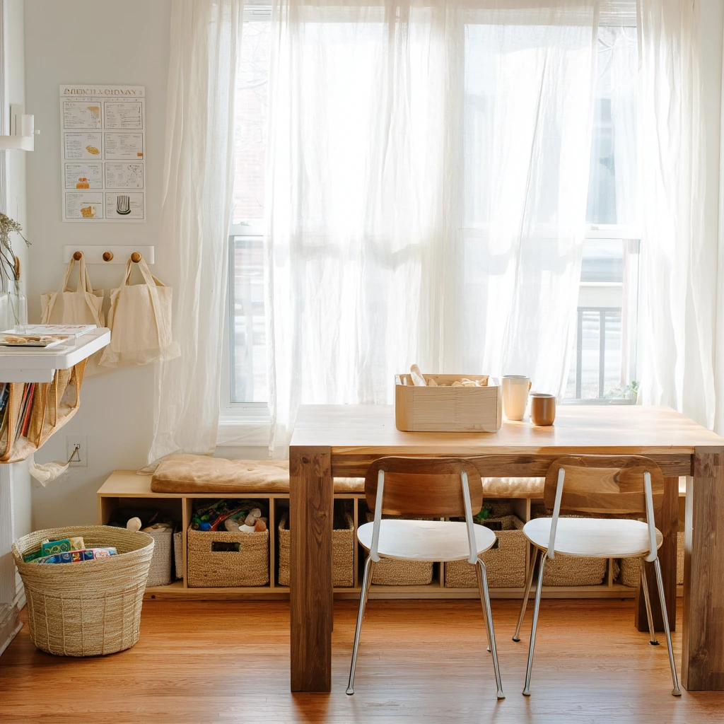 Bench and Basket Storage for a Rental-Friendly Space