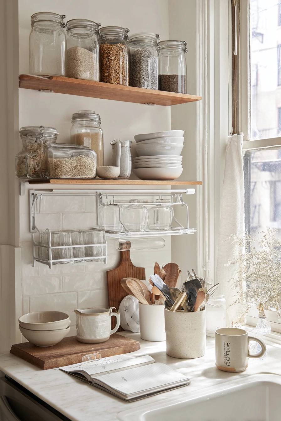 Open Shelves and Matching Jars in a Studio Kitchen
