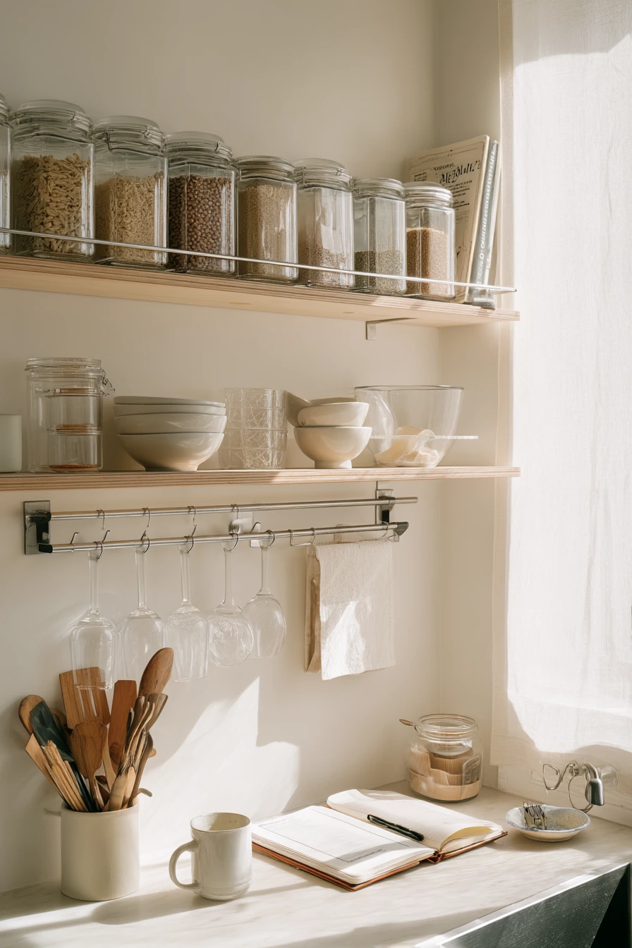 Open Shelves and Matching Jars in a Studio Kitchen