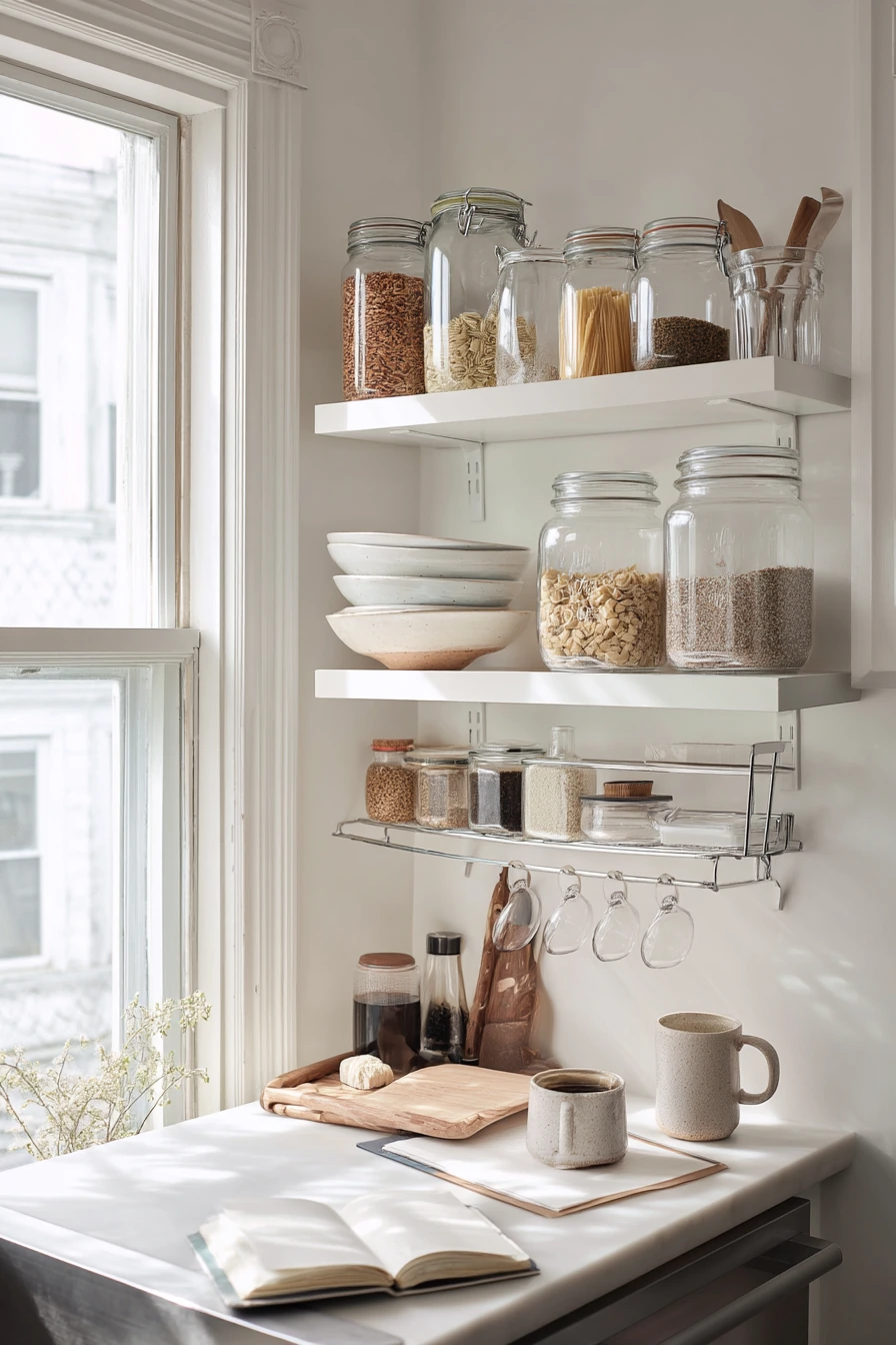 Open Shelves and Matching Jars in a Studio Kitchen