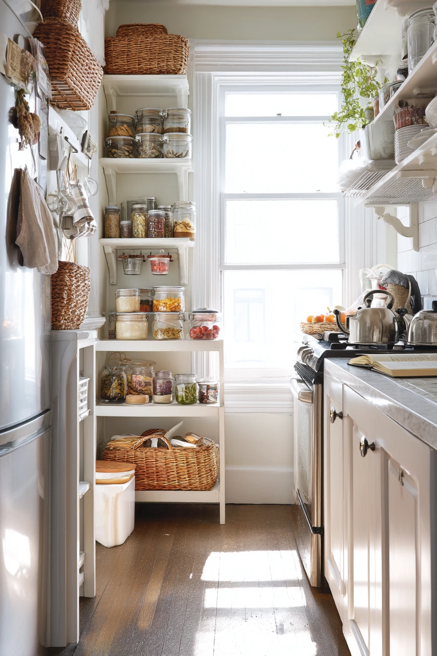 Ceiling-High Shelving in a Narrow Kitchen