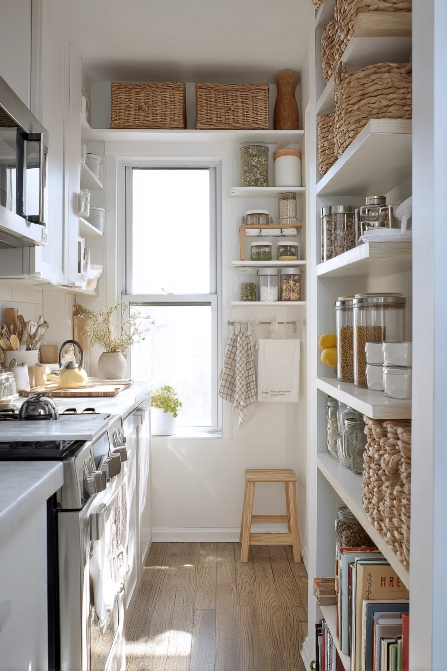 Ceiling-High Shelving in a Narrow Kitchen