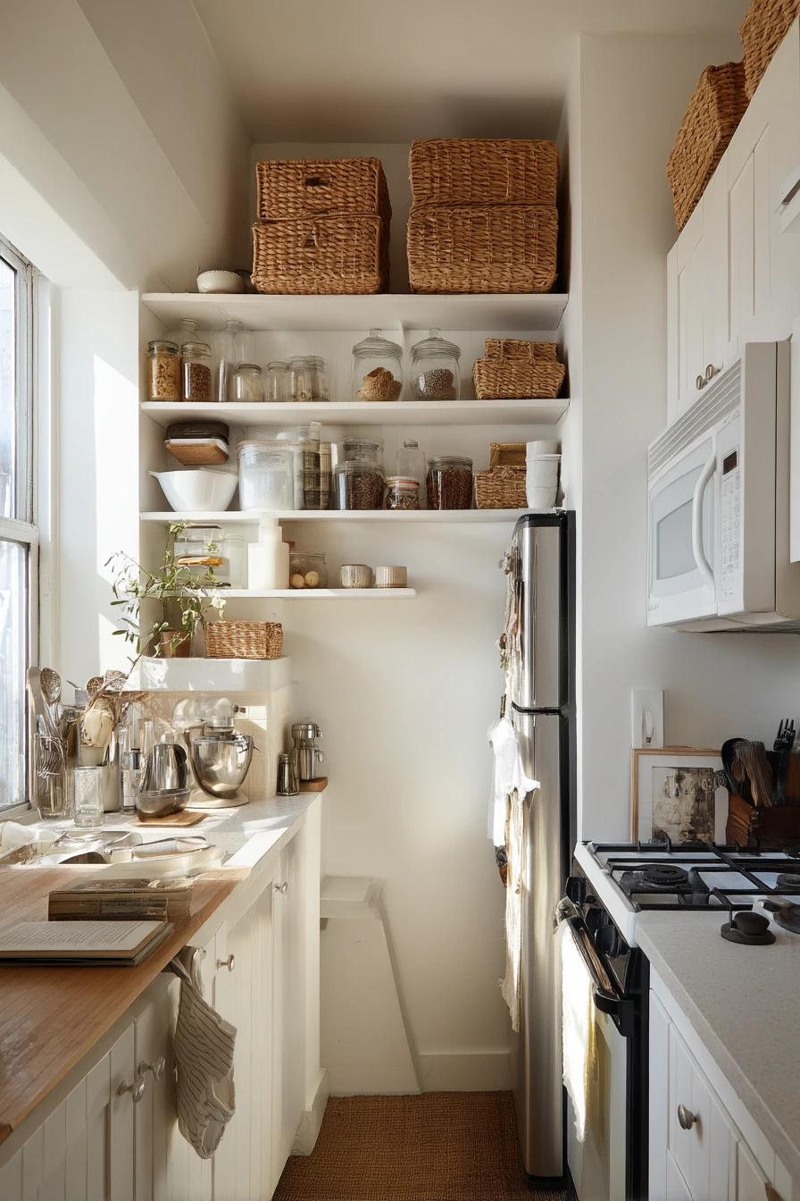 Ceiling-High Shelving in a Narrow Kitchen