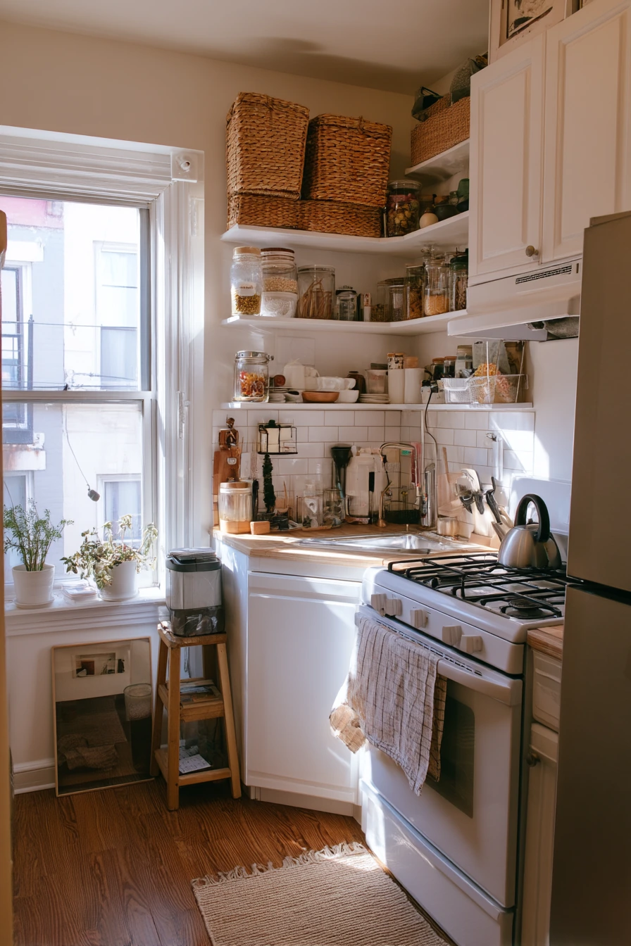 Ceiling-High Shelving in a Narrow Kitchen