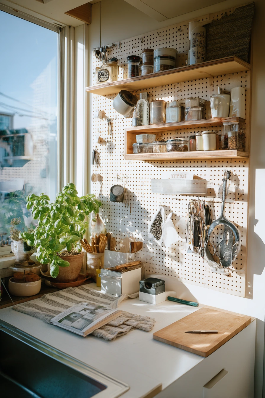 Renter-Friendly Pegboard Wall Above a Tiny Counter