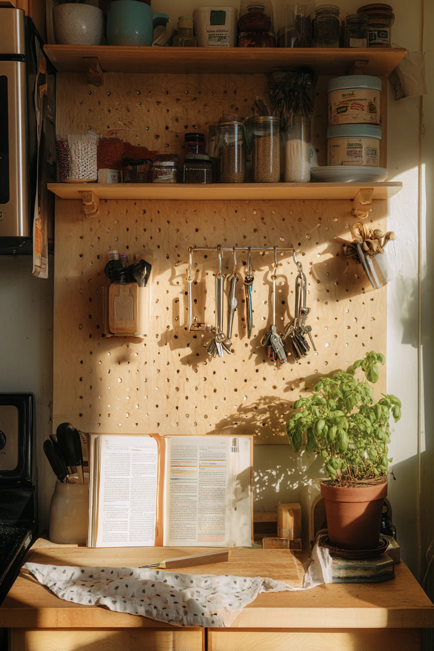 Renter-Friendly Pegboard Wall Above a Tiny Counter