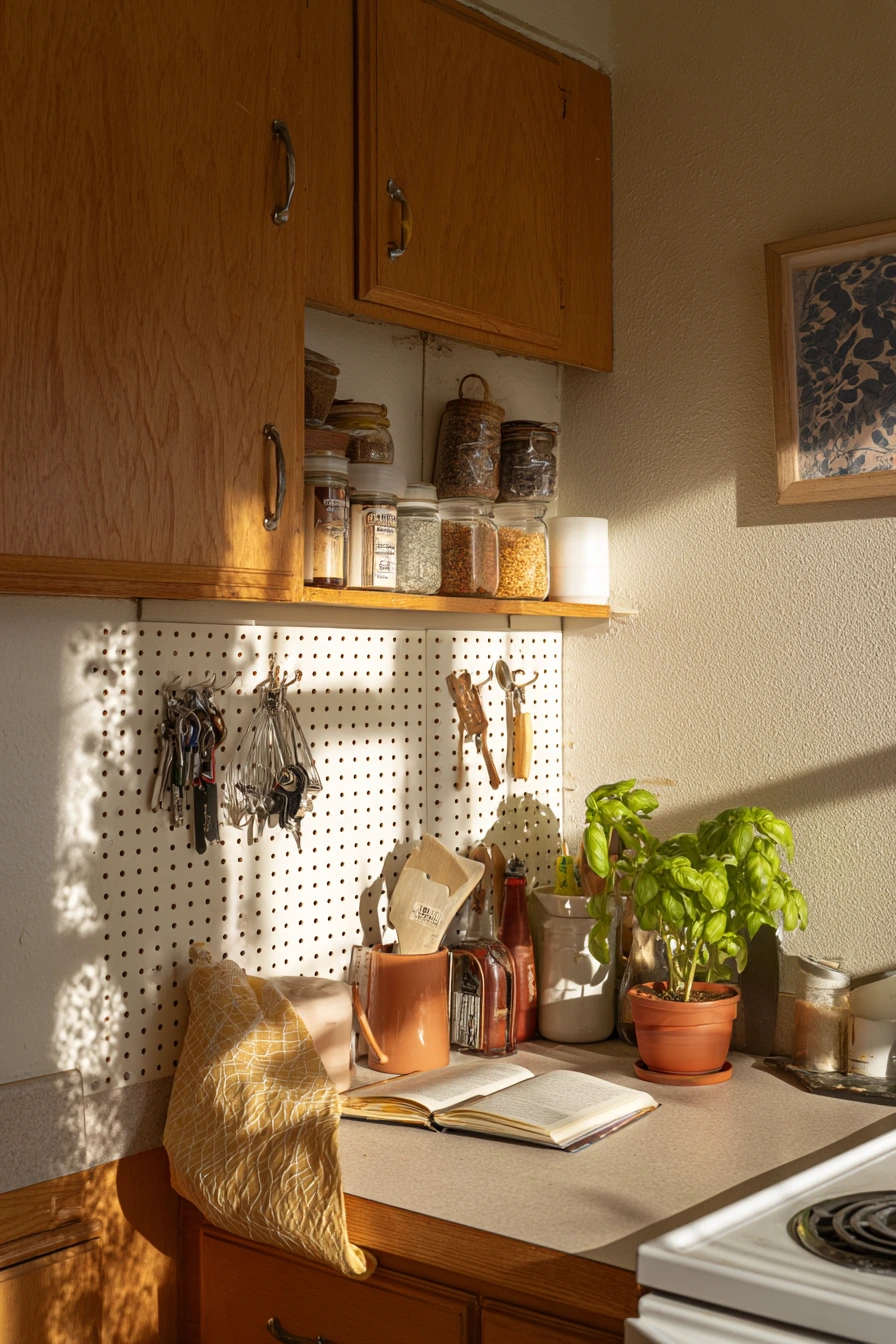Renter-Friendly Pegboard Wall Above a Tiny Counter