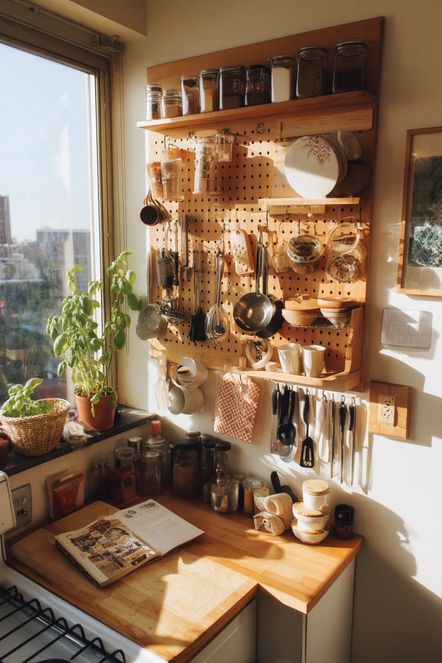 Renter-Friendly Pegboard Wall Above a Tiny Counter