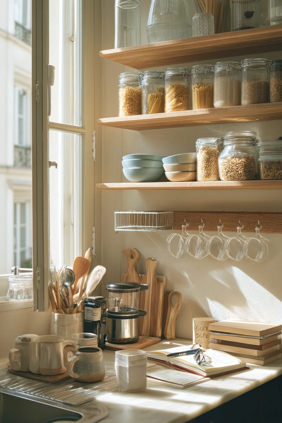 Open Shelves and Matching Jars in a Studio Kitchen