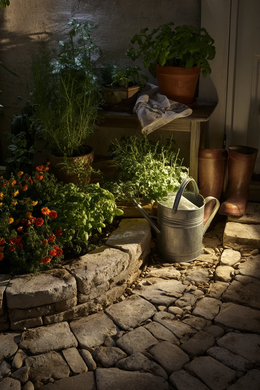 Night Watering Moment in a Courtyard Spiral Bed