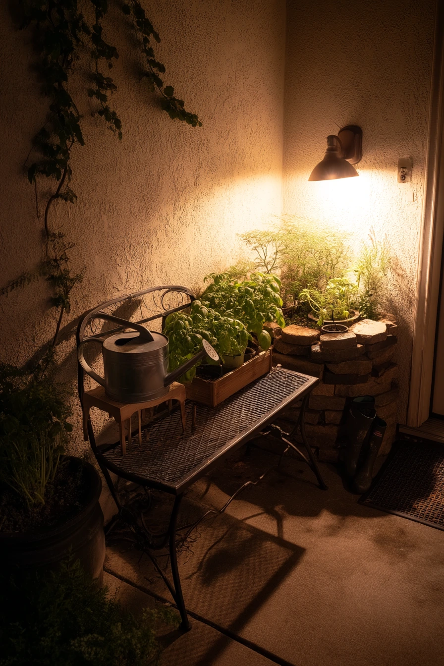 Night Watering Moment in a Courtyard Spiral Bed
