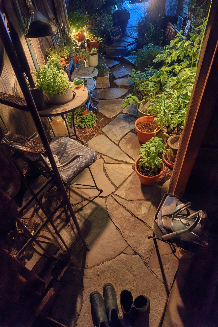 Night Watering Moment in a Courtyard Spiral Bed