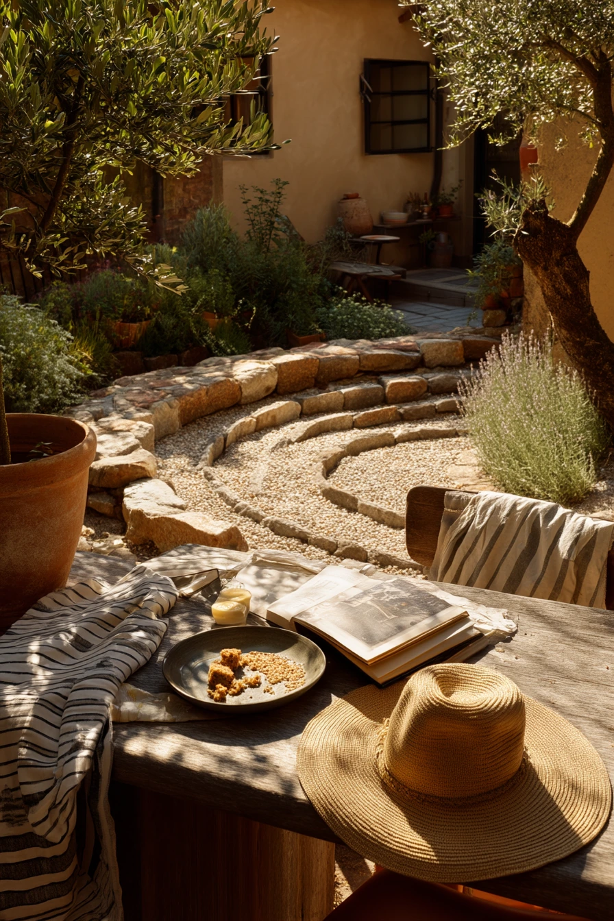 Mediterranean Spiral Garden with Outdoor Meals