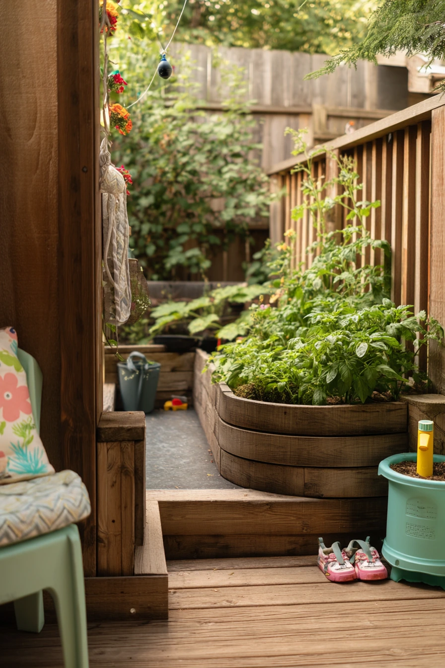 Spiral Garden Beside a Playful Family Deck
