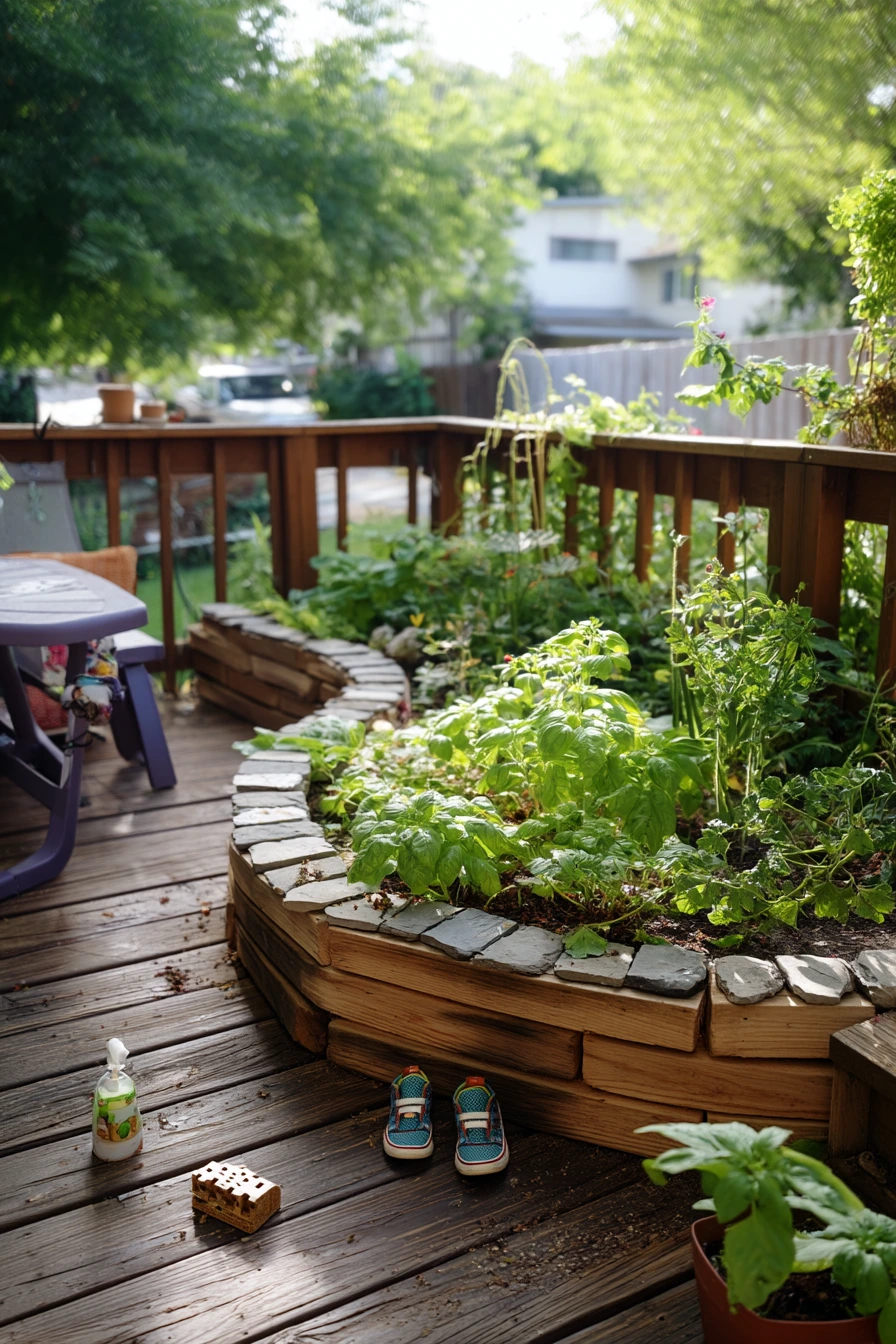 Spiral Garden Beside a Playful Family Deck