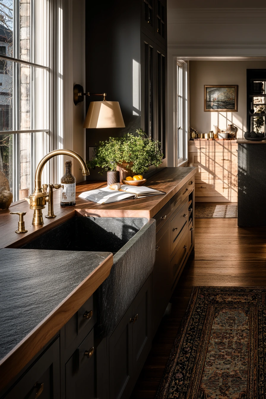 Moody Evening Kitchen with Soapstone Character