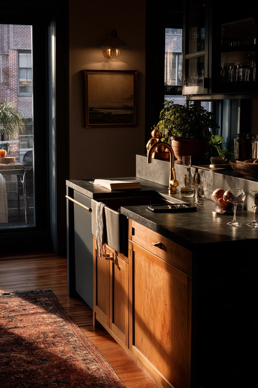 Moody Evening Kitchen with Soapstone Character