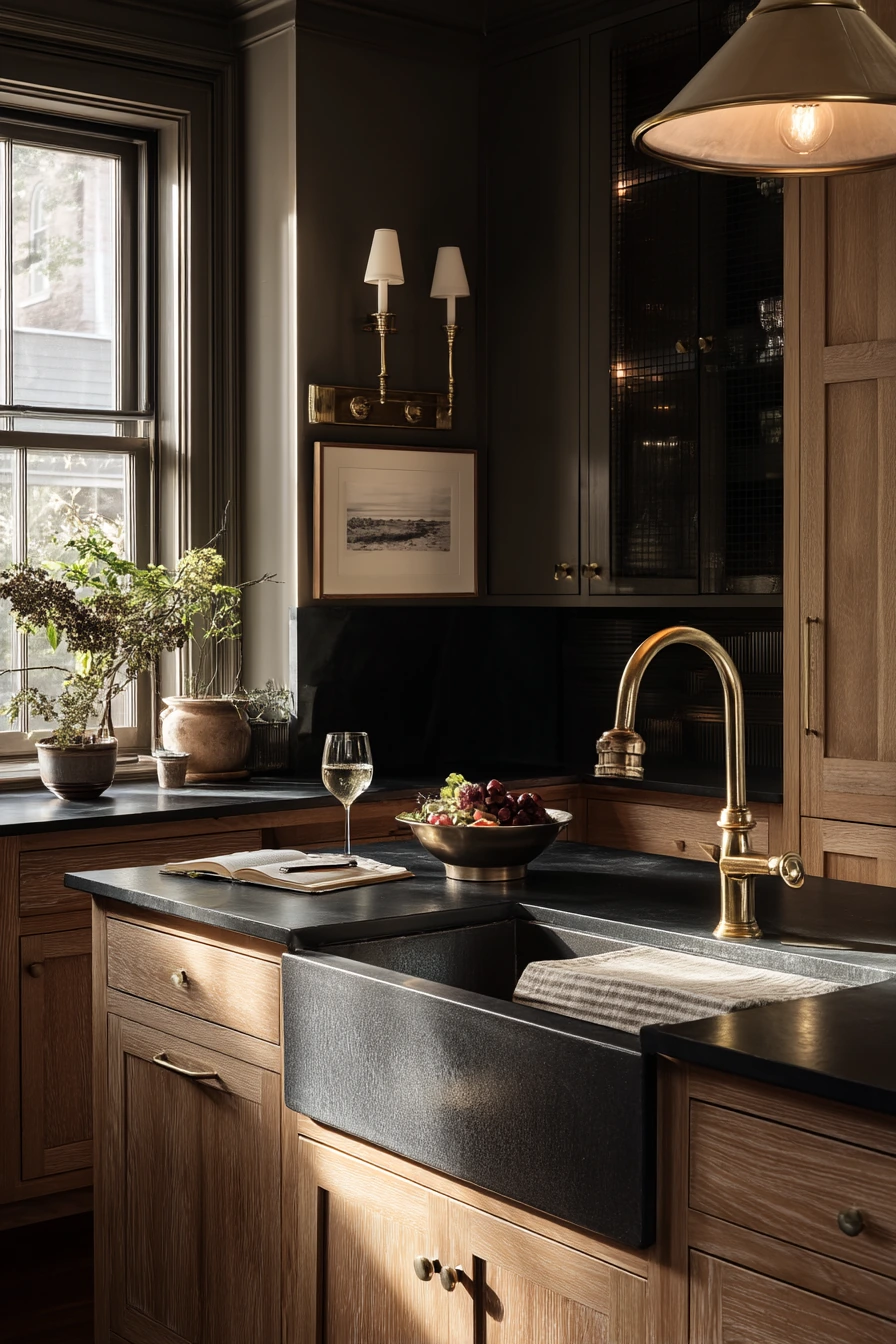 Moody Evening Kitchen with Soapstone Character