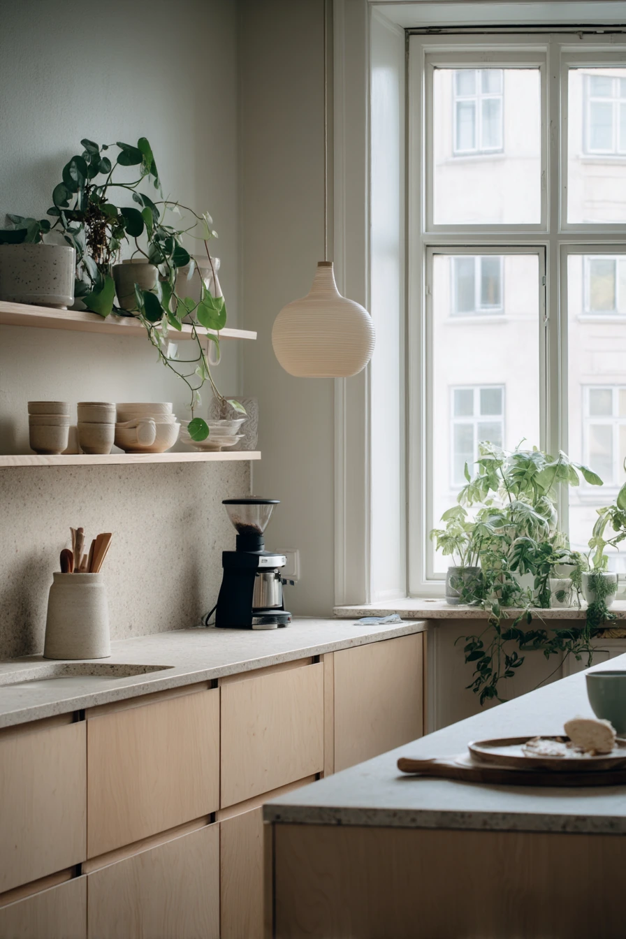 Bright Scandi Kitchen with Pale Stone and Plants