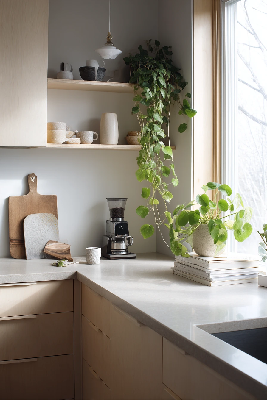 Bright Scandi Kitchen with Pale Stone and Plants