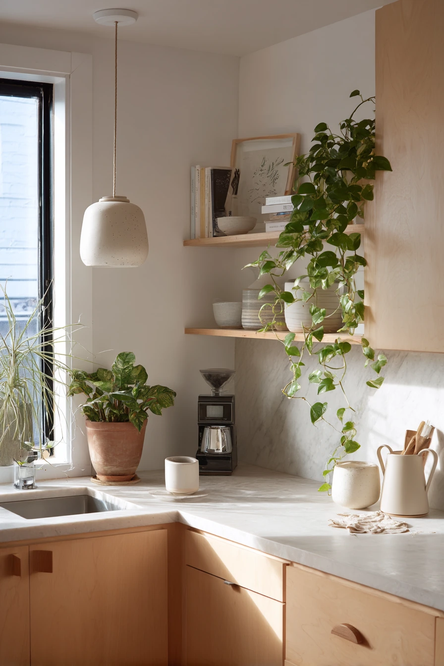 Bright Scandi Kitchen with Pale Stone and Plants