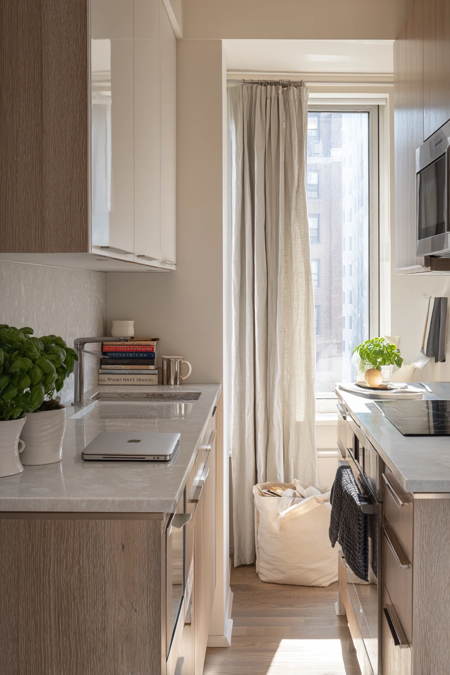 Small Apartment Galley with Stone Counter Simplicity