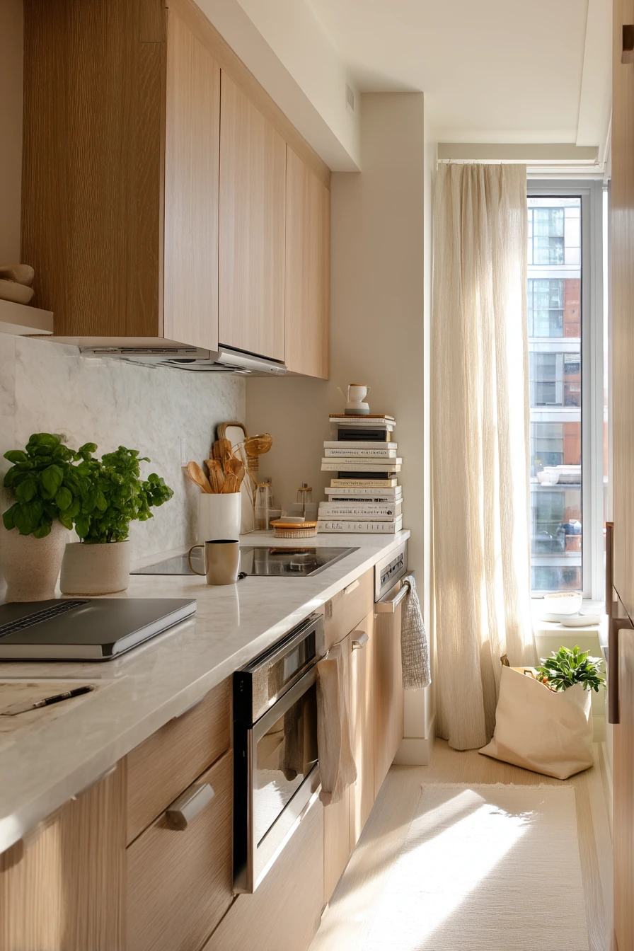 Small Apartment Galley with Stone Counter Simplicity