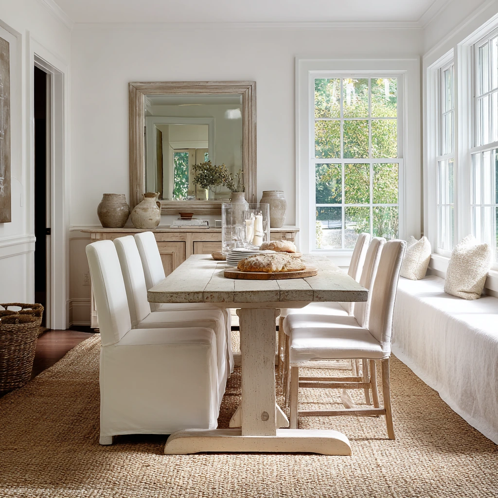 Modern Farmhouse Tan and White Dining Room