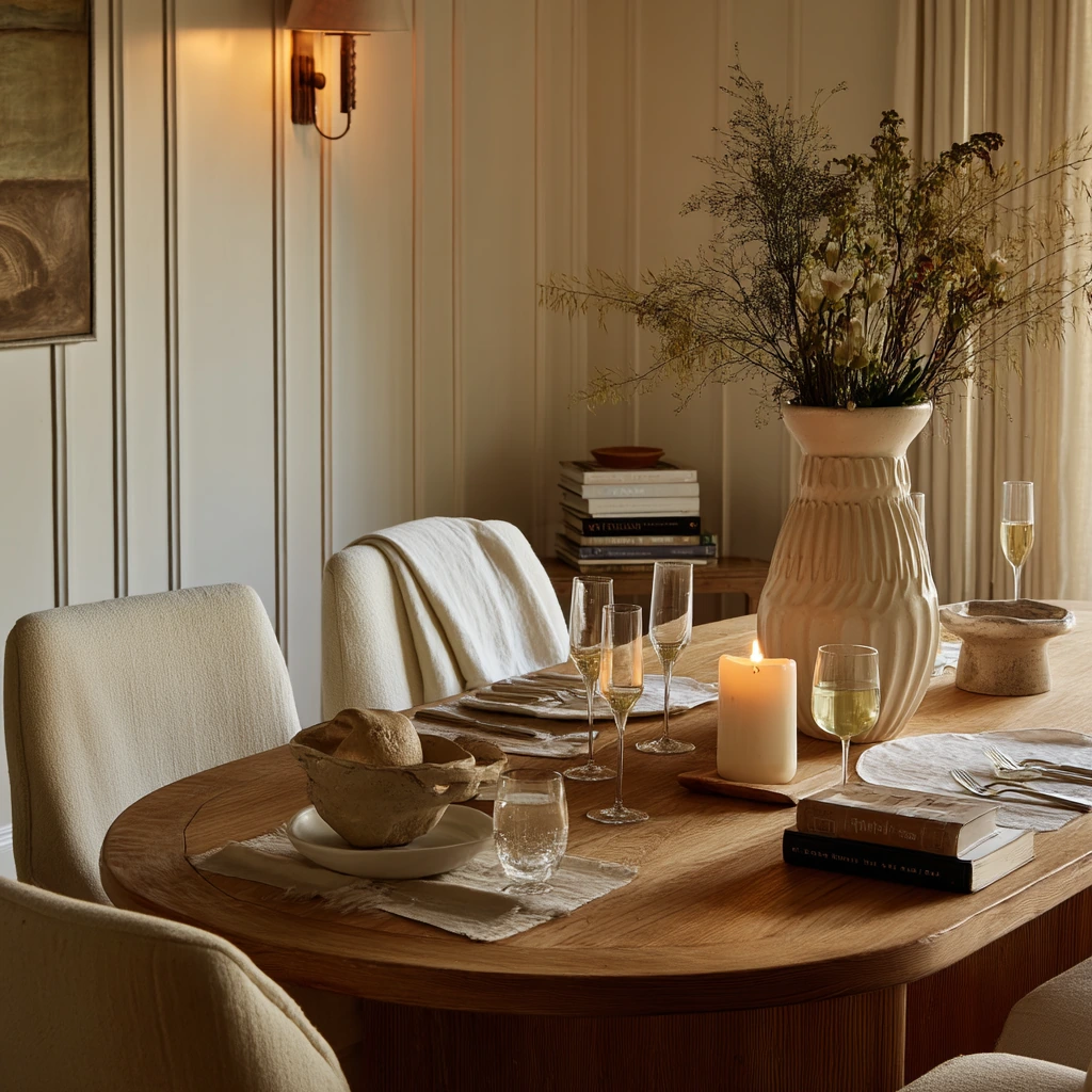 Minimal Tan and White Dinner Party Setup