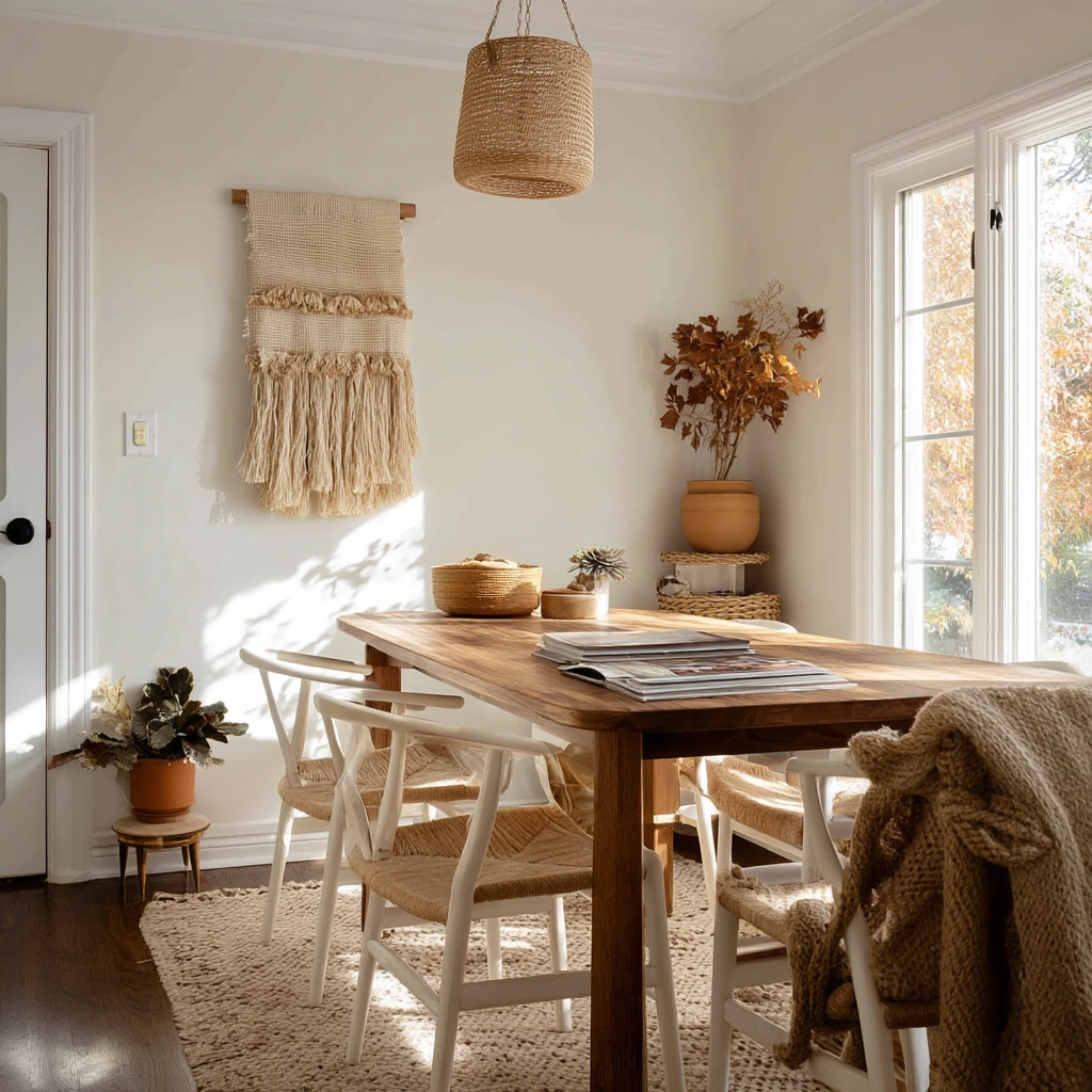 Boho Tan and White Dining Room with Plants